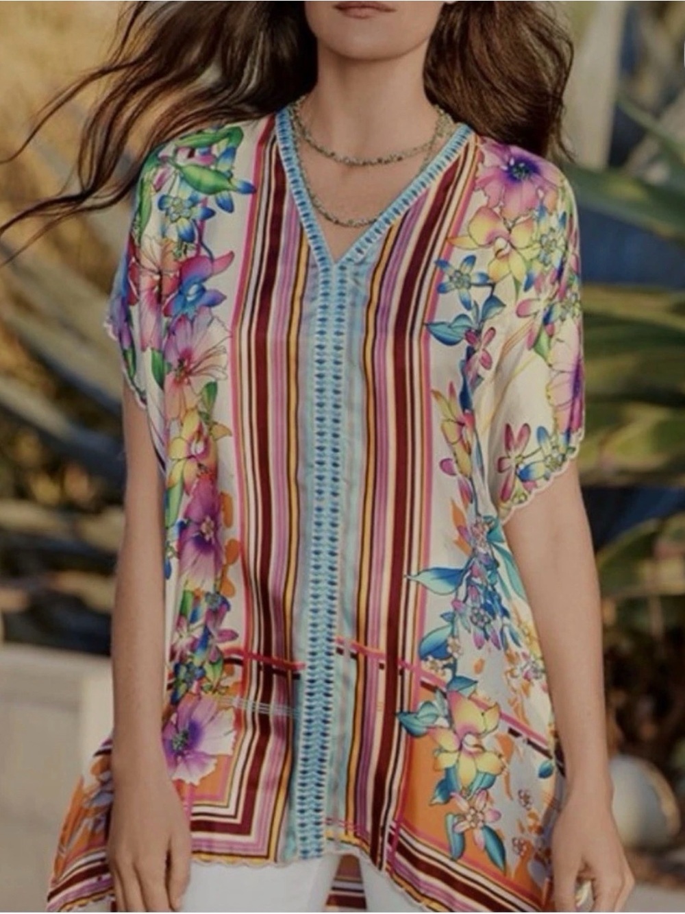 Johnny Was Stellar Floral Embroidered Tunic Tassel Top XL 100% Silk $245